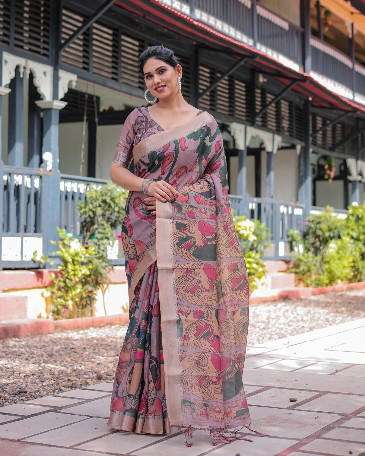 Pastel peach kalamkari design pure cotton linen saree with blouse and tassels