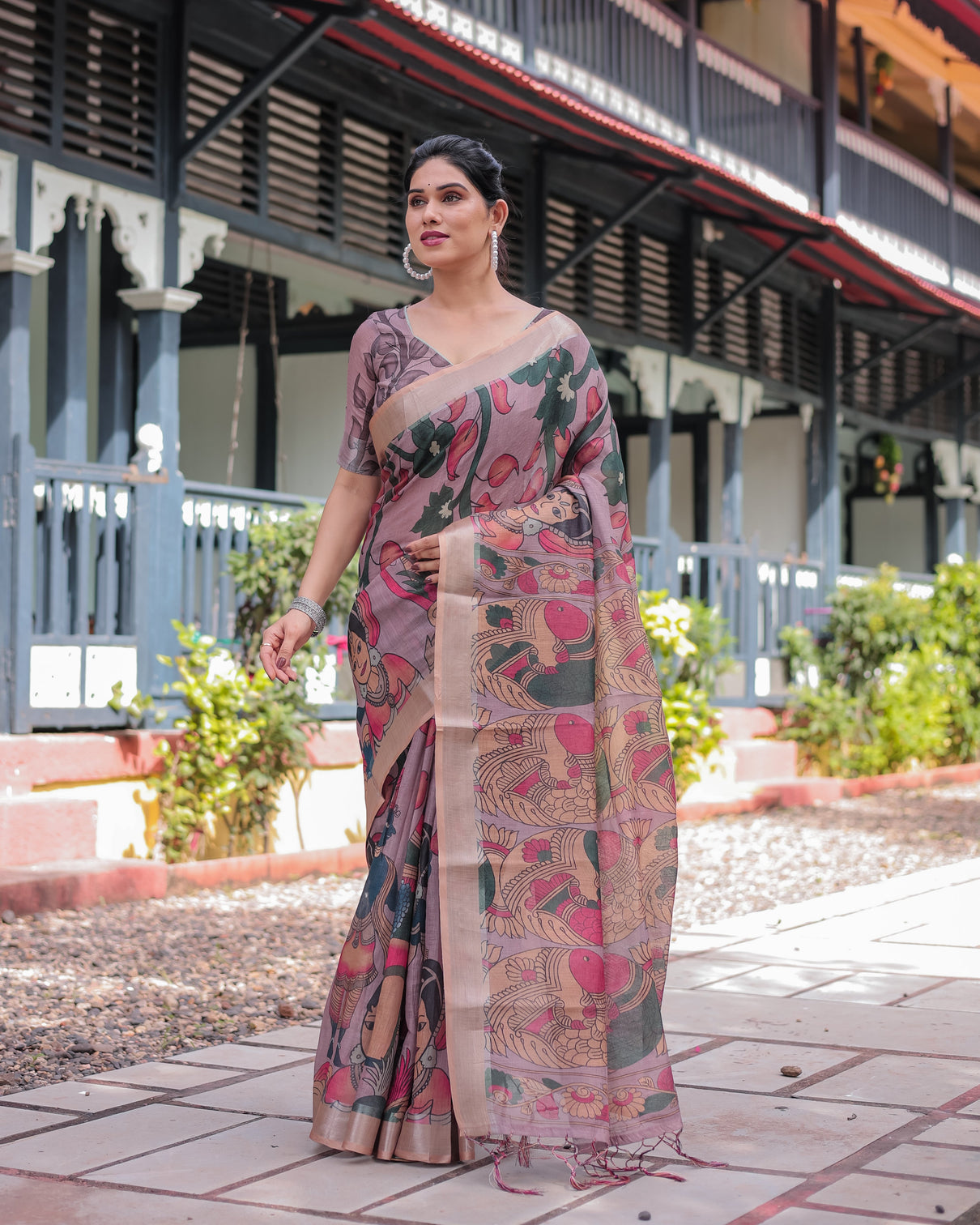 Pastel peach kalamkari design pure cotton linen saree with blouse and tassels