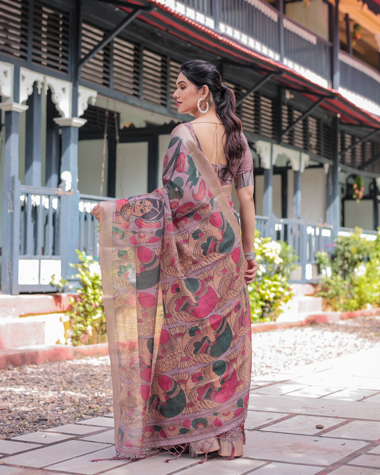 Pastel peach kalamkari design pure cotton linen saree with blouse and tassels