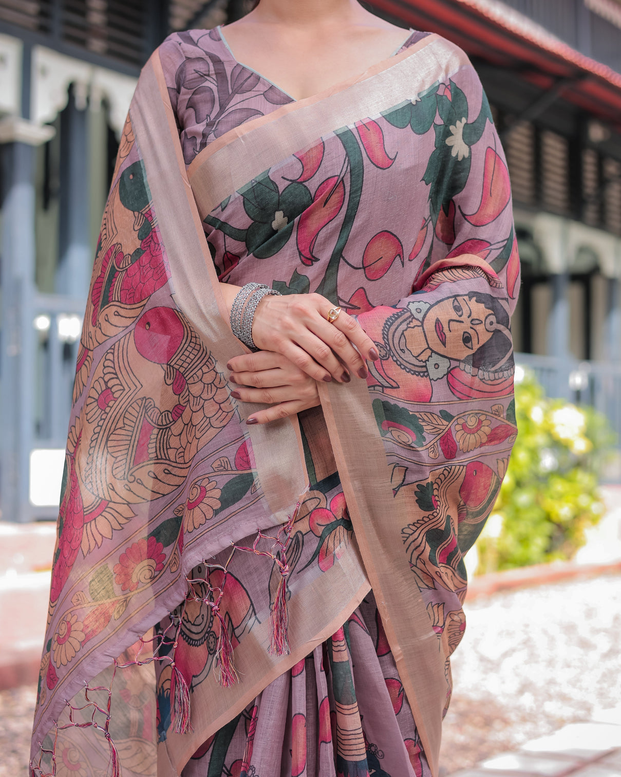 Pastel peach kalamkari design pure cotton linen saree with blouse and tassels