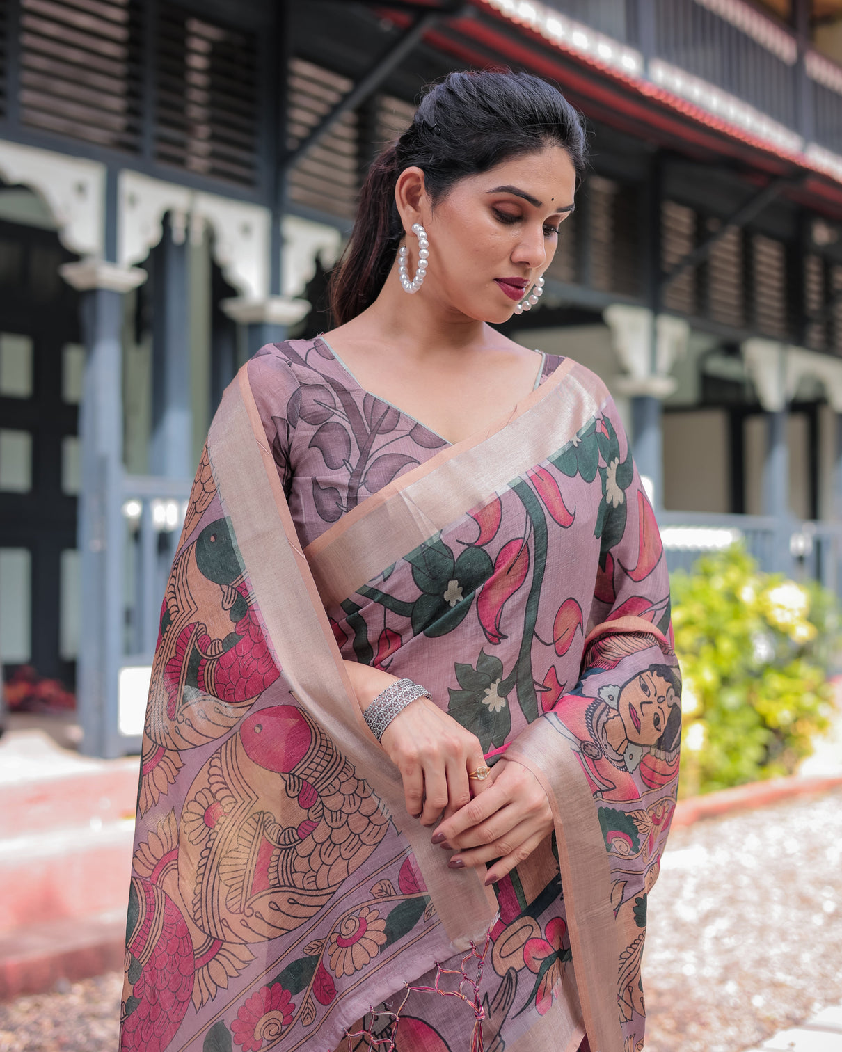 Pastel peach kalamkari design pure cotton linen saree with blouse and tassels