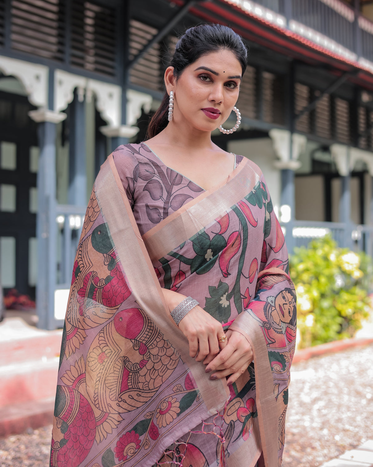 Pastel peach kalamkari design pure cotton linen saree with blouse and tassels