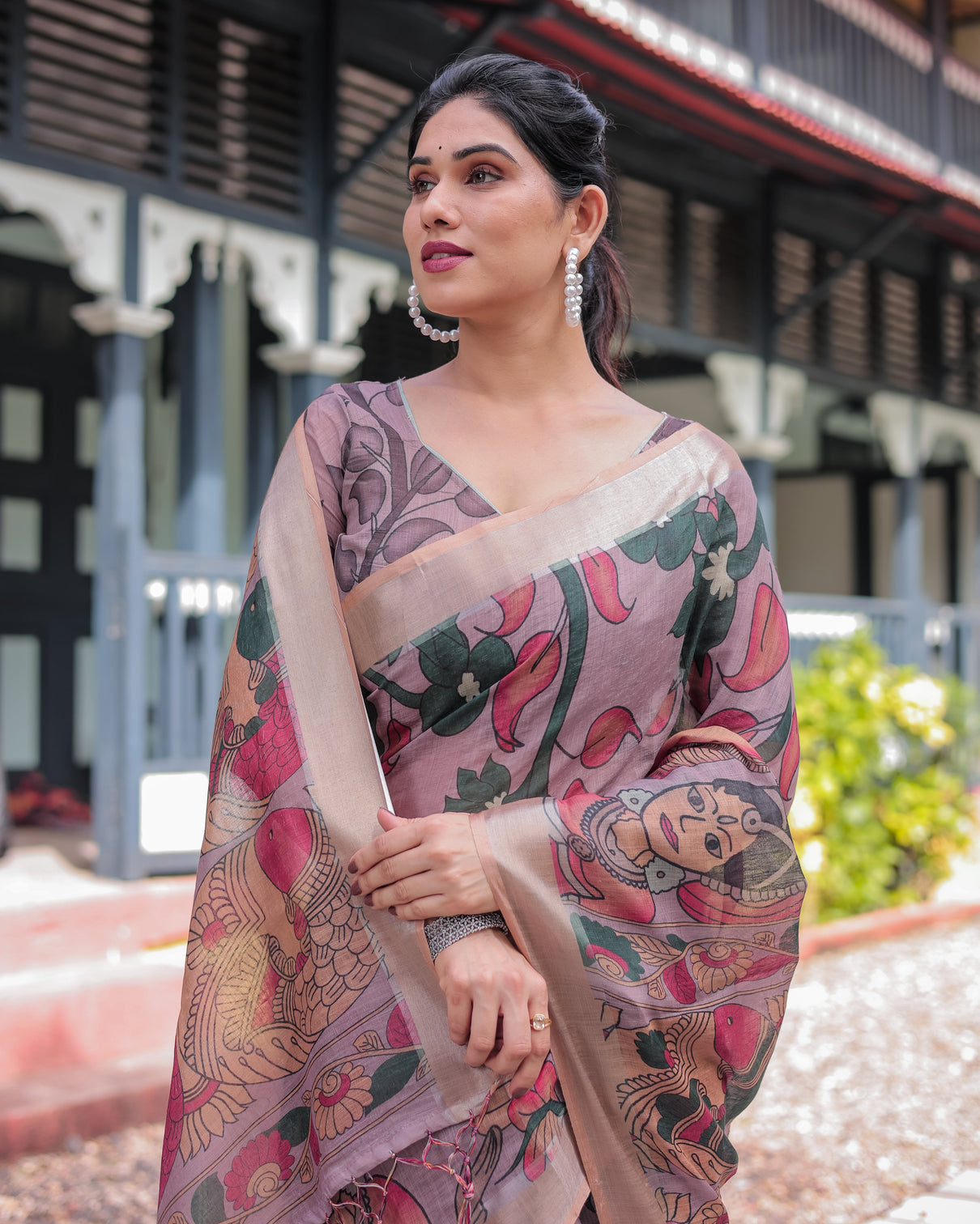Pastel peach kalamkari design pure cotton linen saree with blouse and tassels