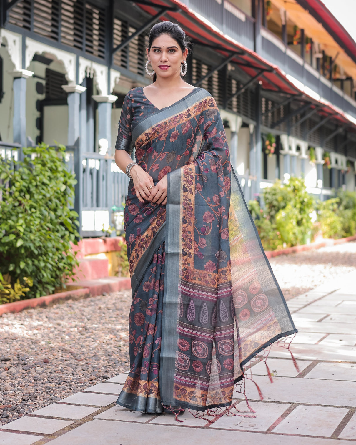Charcoal gray floral design pure cotton linen saree with blouse and tassels