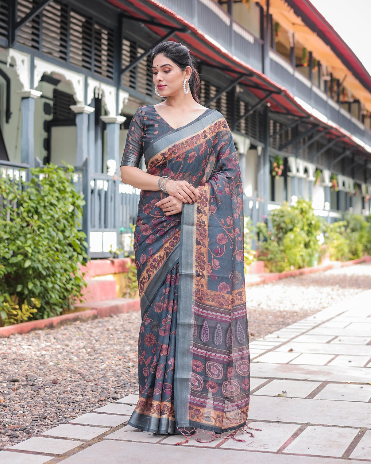 Charcoal gray floral design pure cotton linen saree with blouse and tassels
