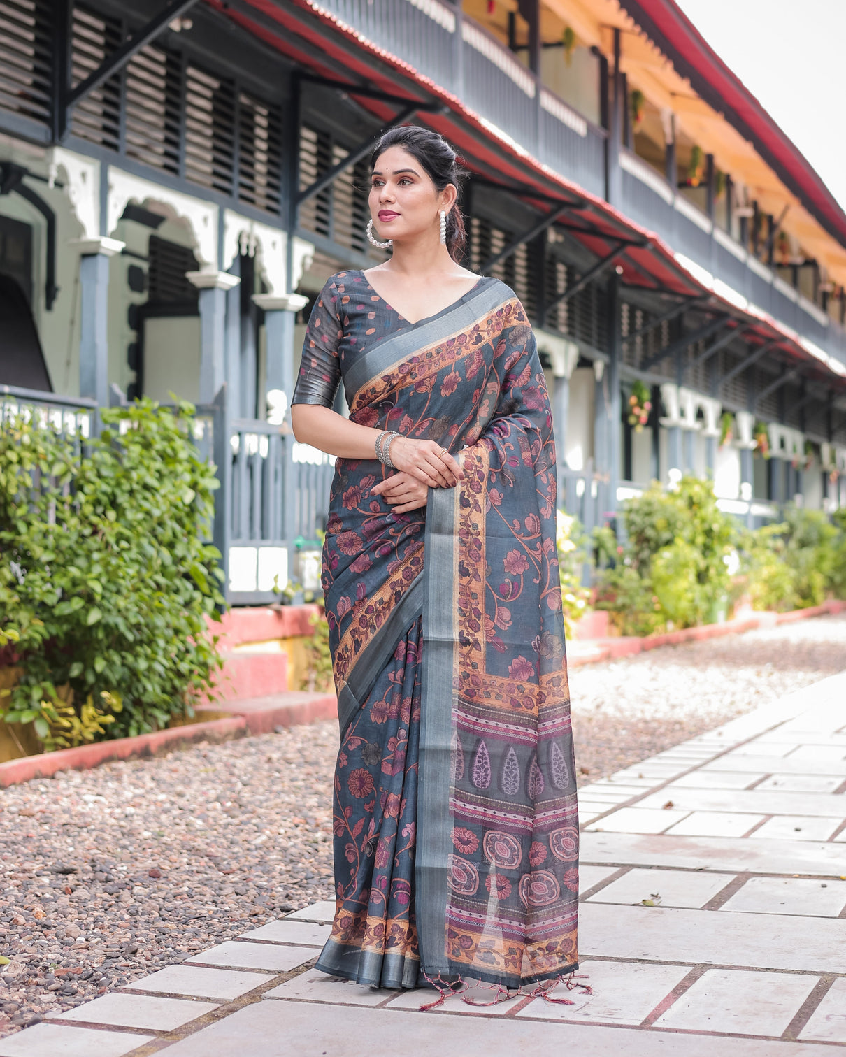 Charcoal gray floral design pure cotton linen saree with blouse and tassels