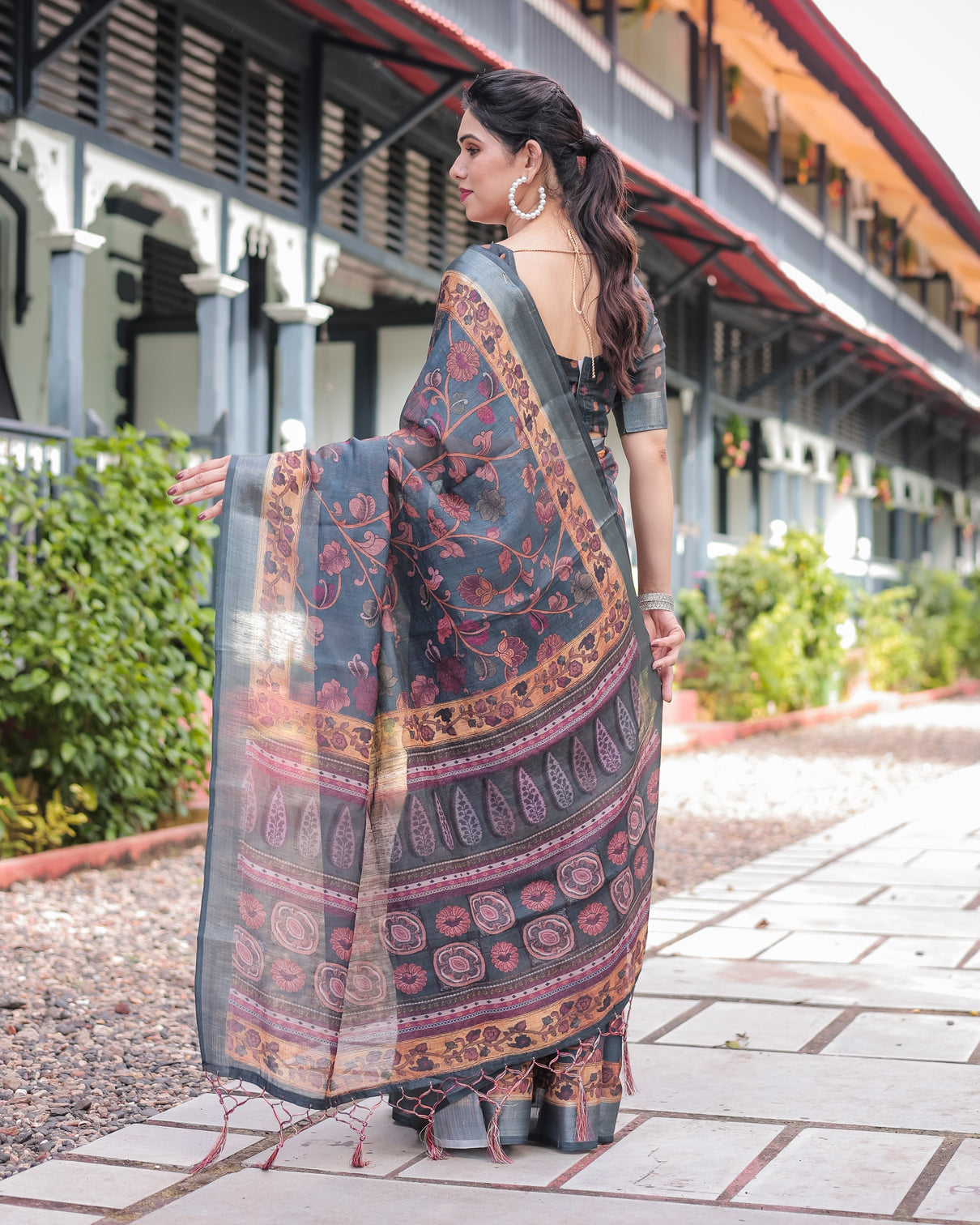 Charcoal gray floral design pure cotton linen saree with blouse and tassels