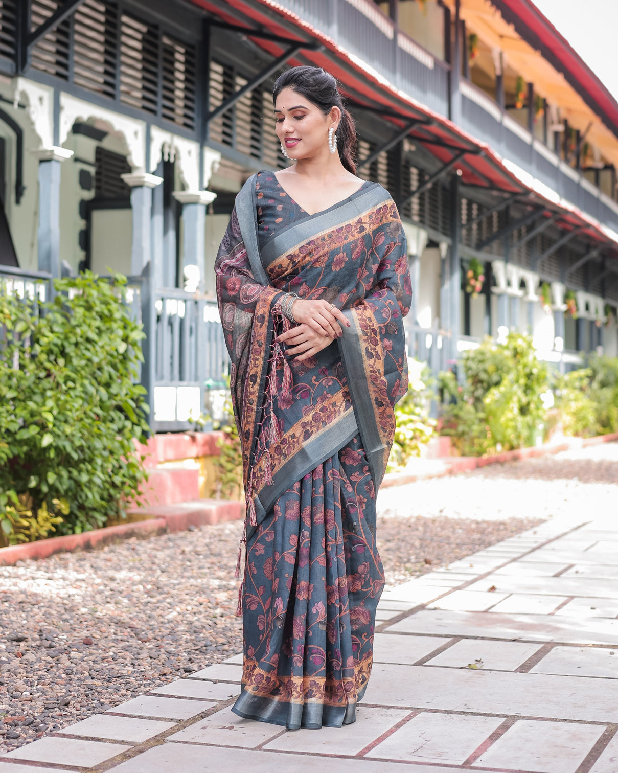 Charcoal gray floral design pure cotton linen saree with blouse and tassels