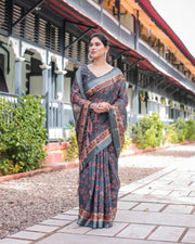 Charcoal gray floral design pure cotton linen saree with blouse and tassels mameraa