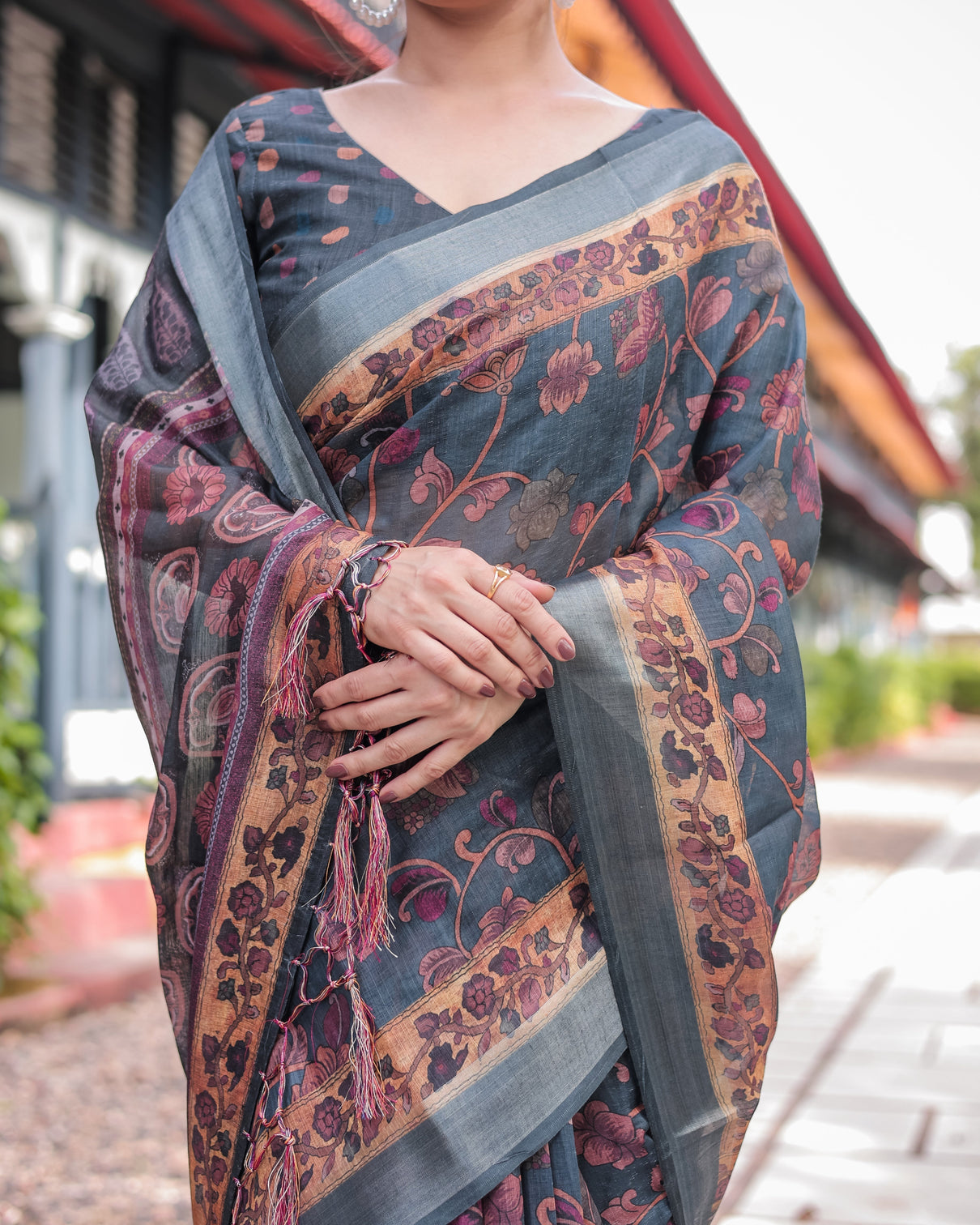 Charcoal gray floral design pure cotton linen saree with blouse and tassels