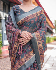 Charcoal gray floral design pure cotton linen saree with blouse and tassels