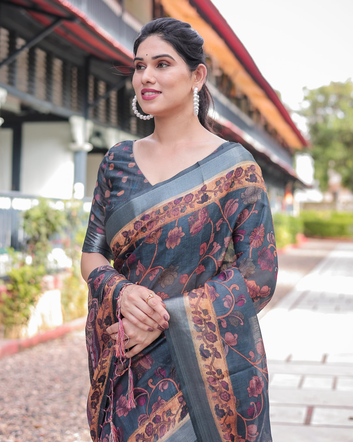Charcoal gray floral design pure cotton linen saree with blouse and tassels