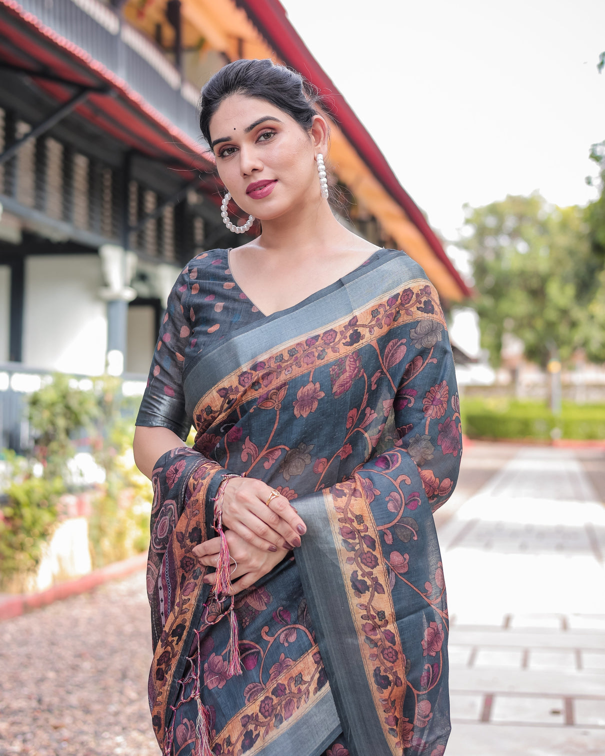 Charcoal gray floral design pure cotton linen saree with blouse and tassels