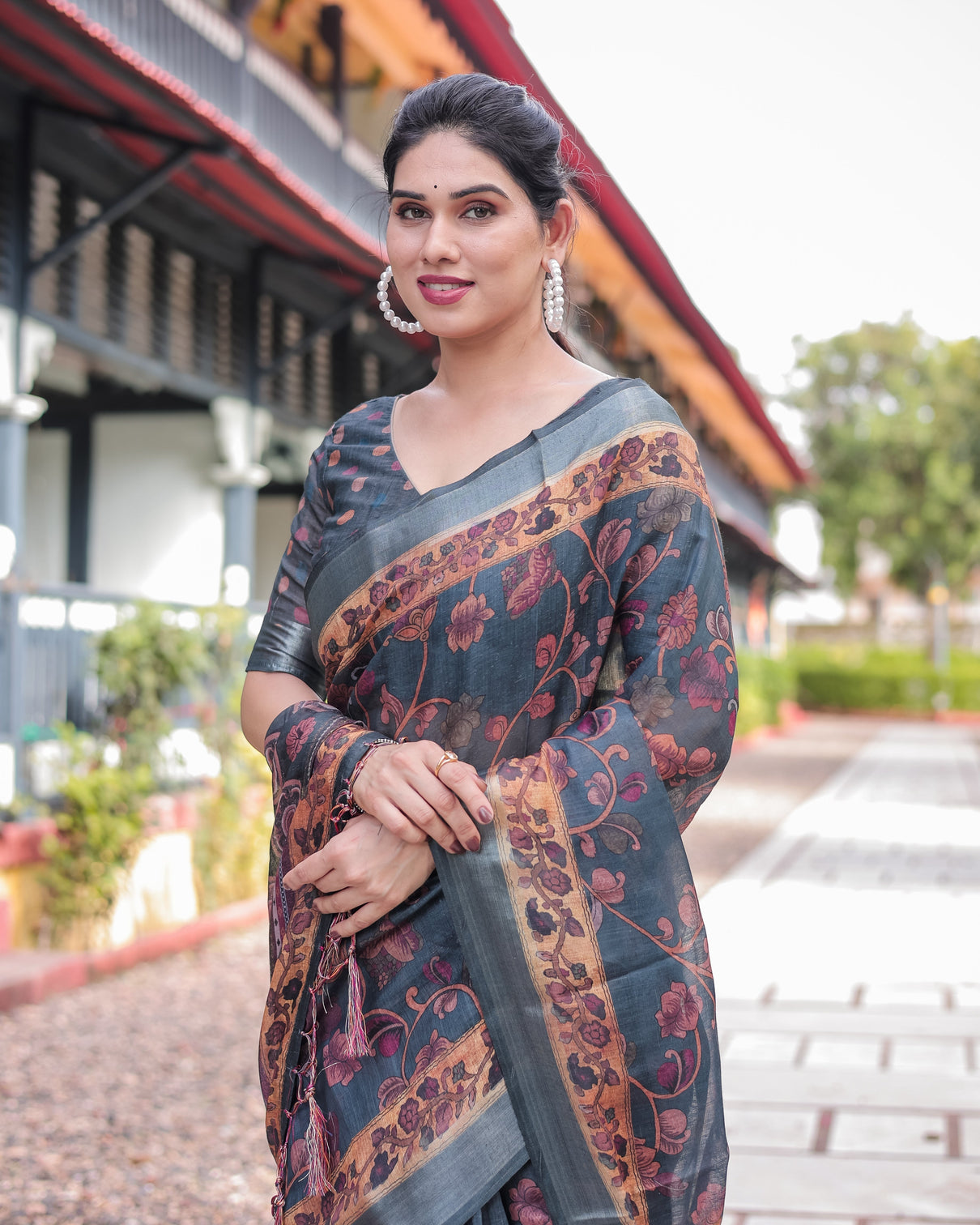 Charcoal gray floral design pure cotton linen saree with blouse and tassels