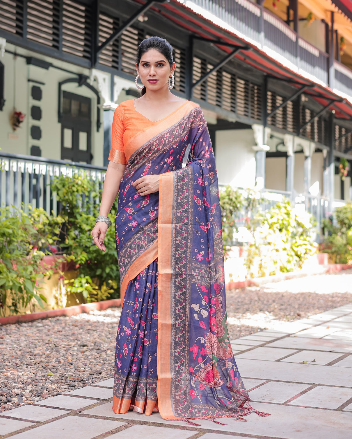 Indigo blue floral print pure cotton linen saree with orange border and tassels mameraa