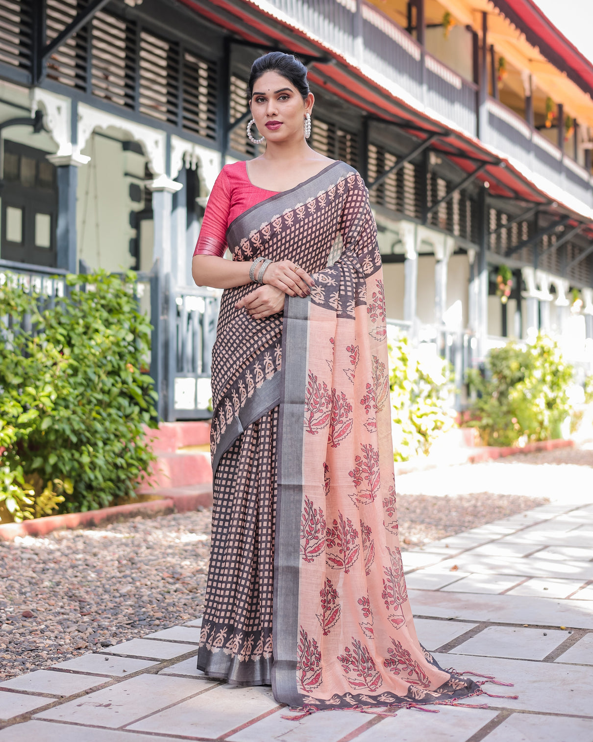 Peach and black floral and geometric design pure cotton linen saree with blouse and tassels mameraa
