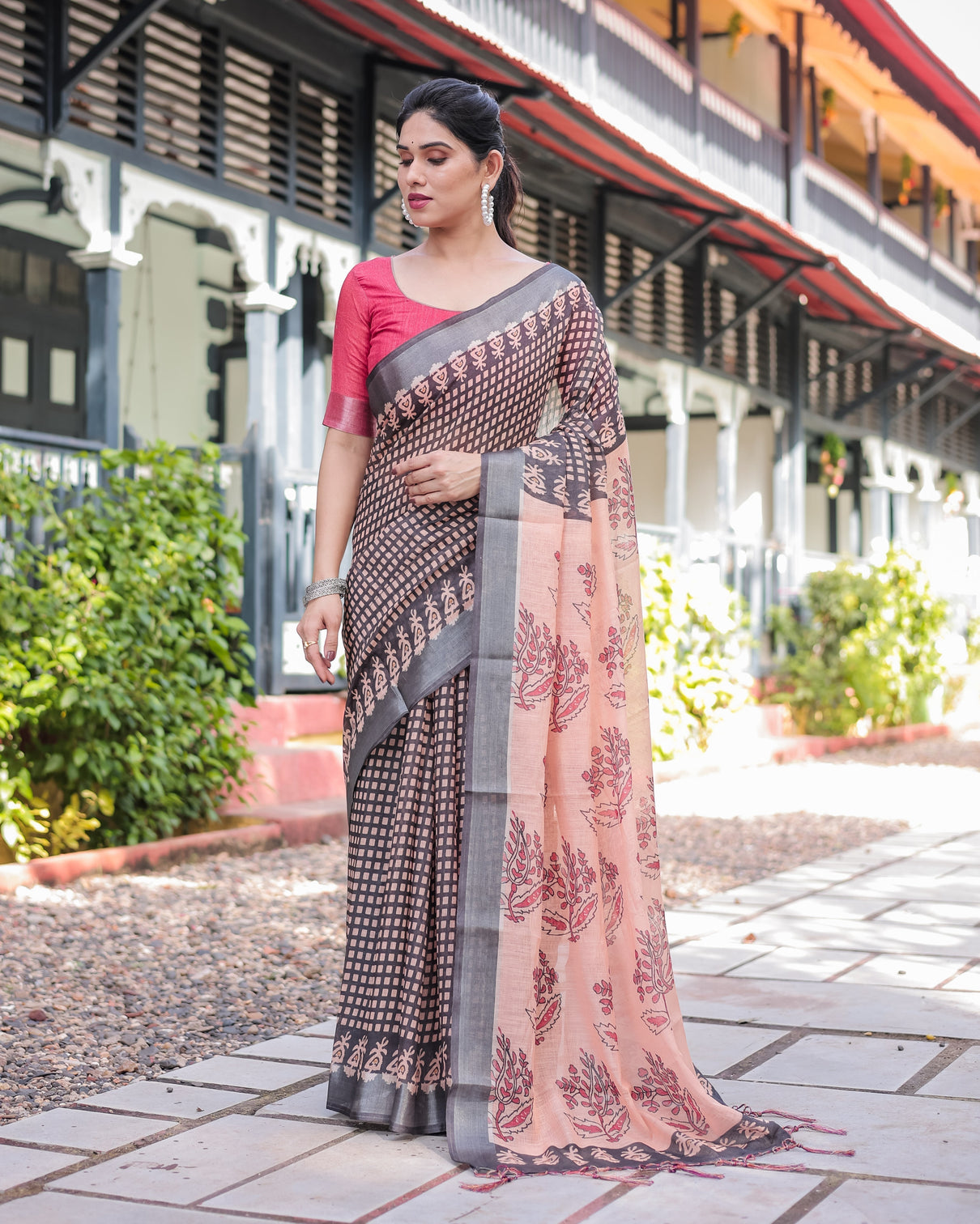 Peach and black floral and geometric design pure cotton linen saree with blouse and tassels