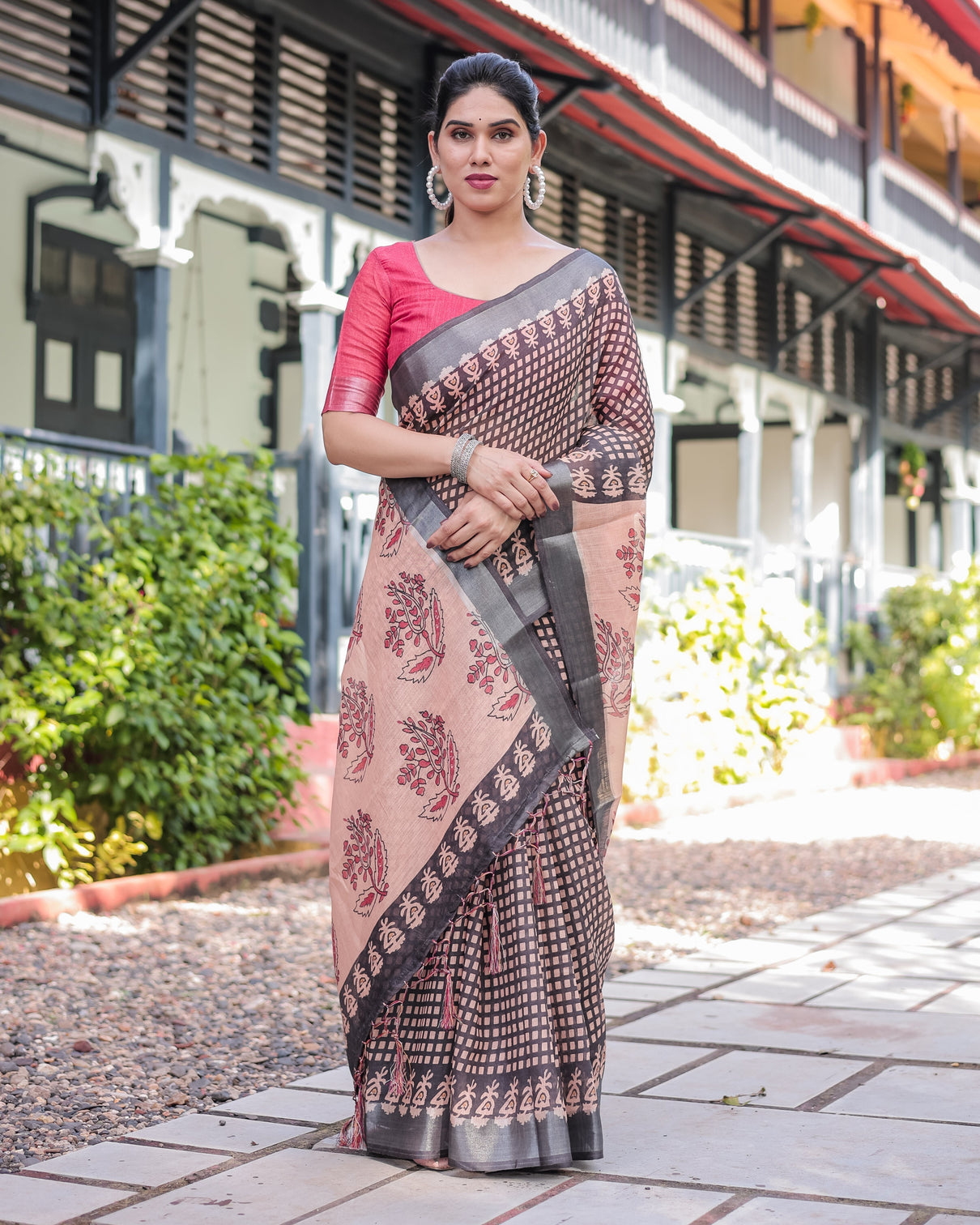 Peach and black floral and geometric design pure cotton linen saree with blouse and tassels