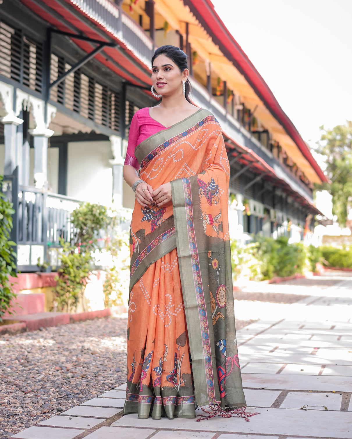Orange and olive green kalamkari design pure cotton linen saree with blouse and tassels