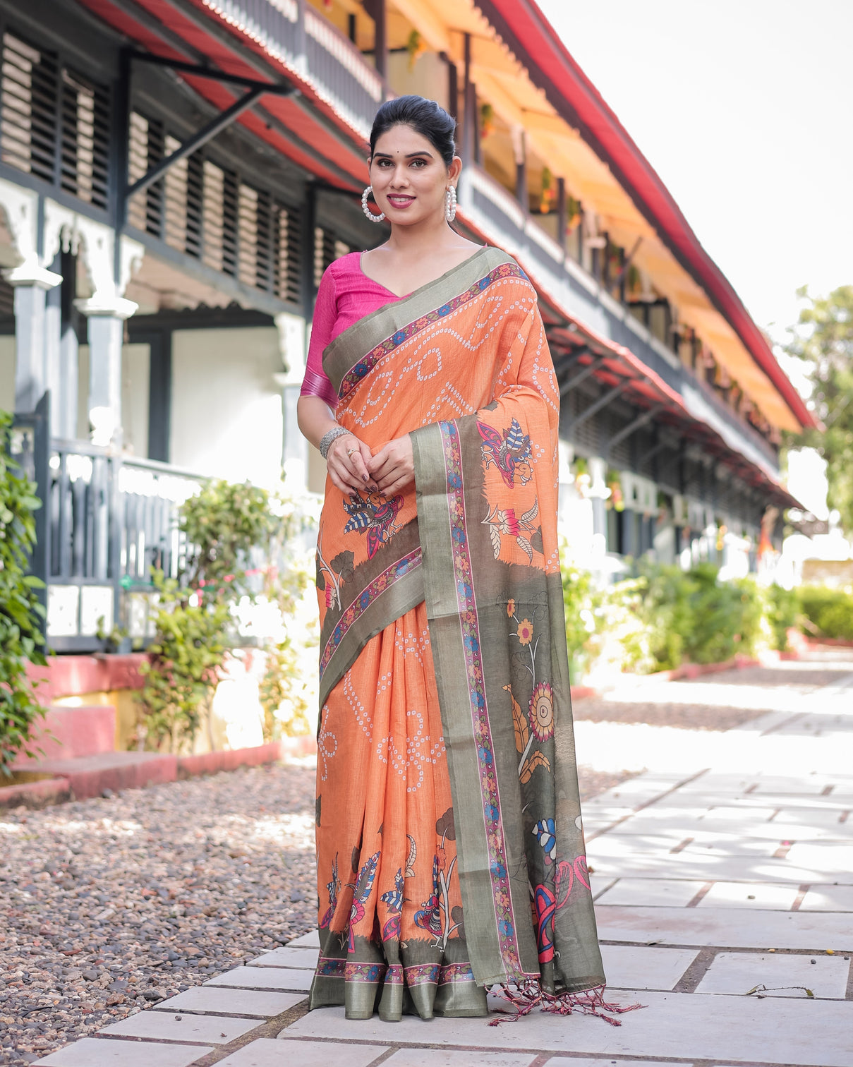 Orange and olive green kalamkari design pure cotton linen saree with blouse and tassels mameraa