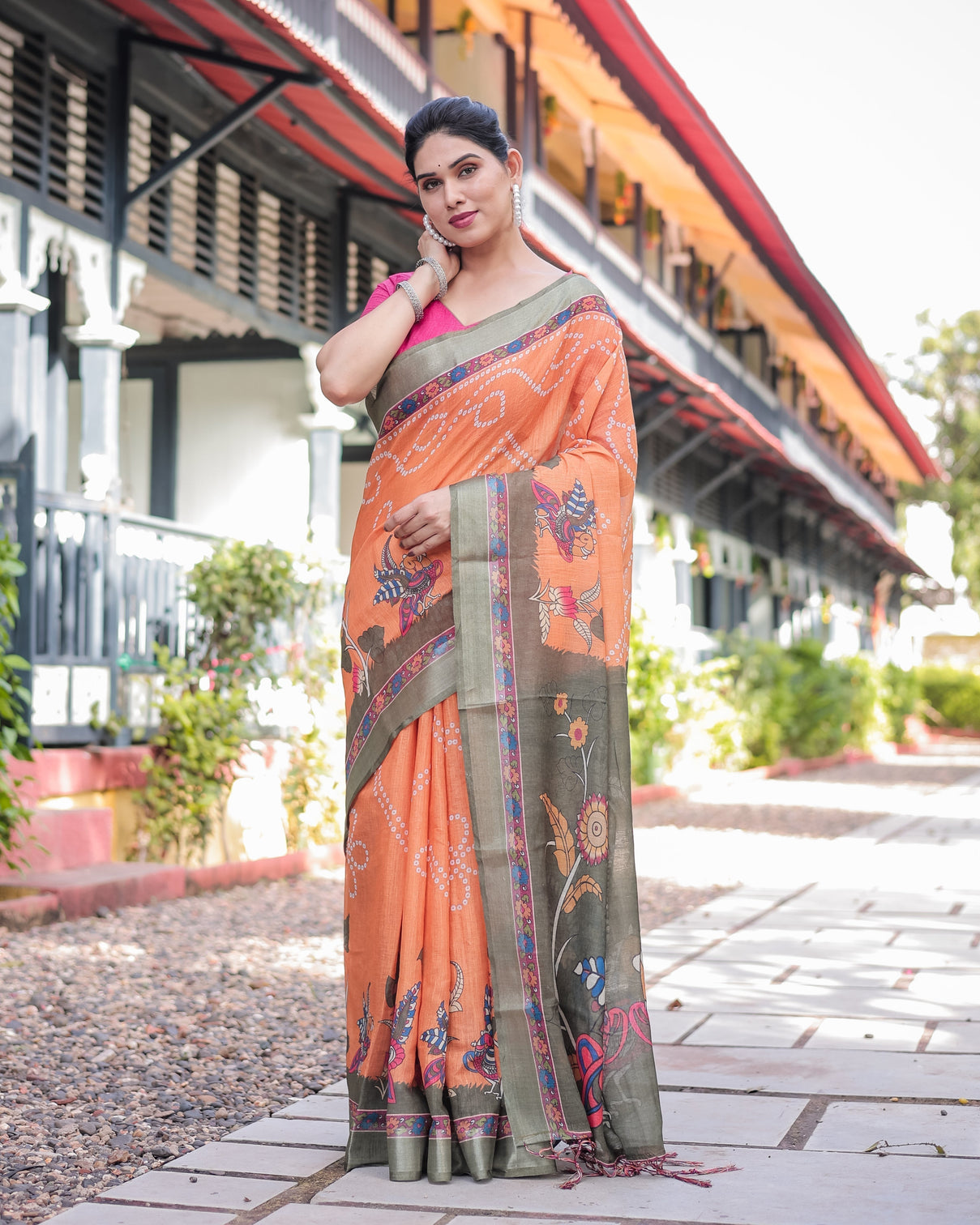 Orange and olive green kalamkari design pure cotton linen saree with blouse and tassels