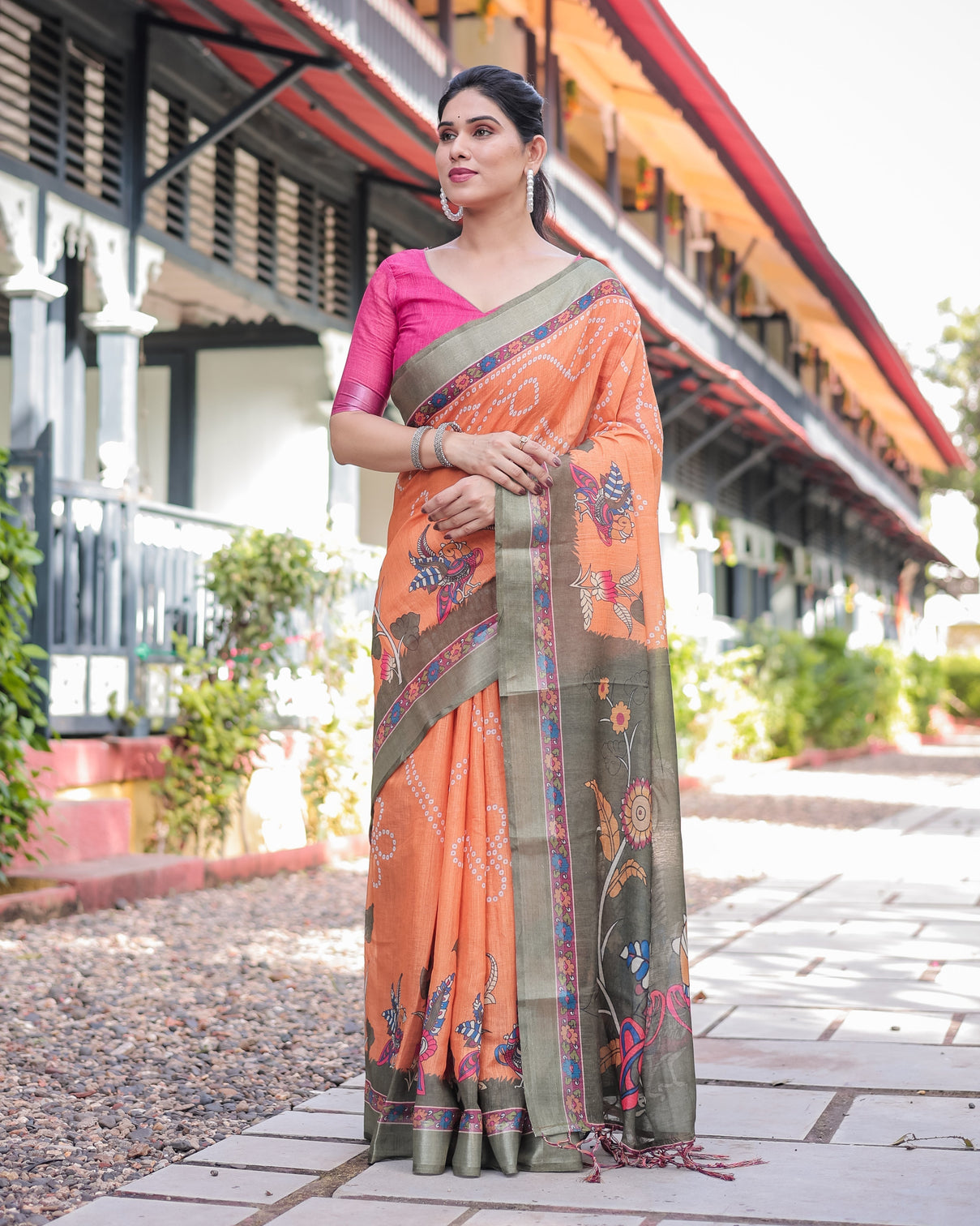 Orange and olive green kalamkari design pure cotton linen saree with blouse and tassels