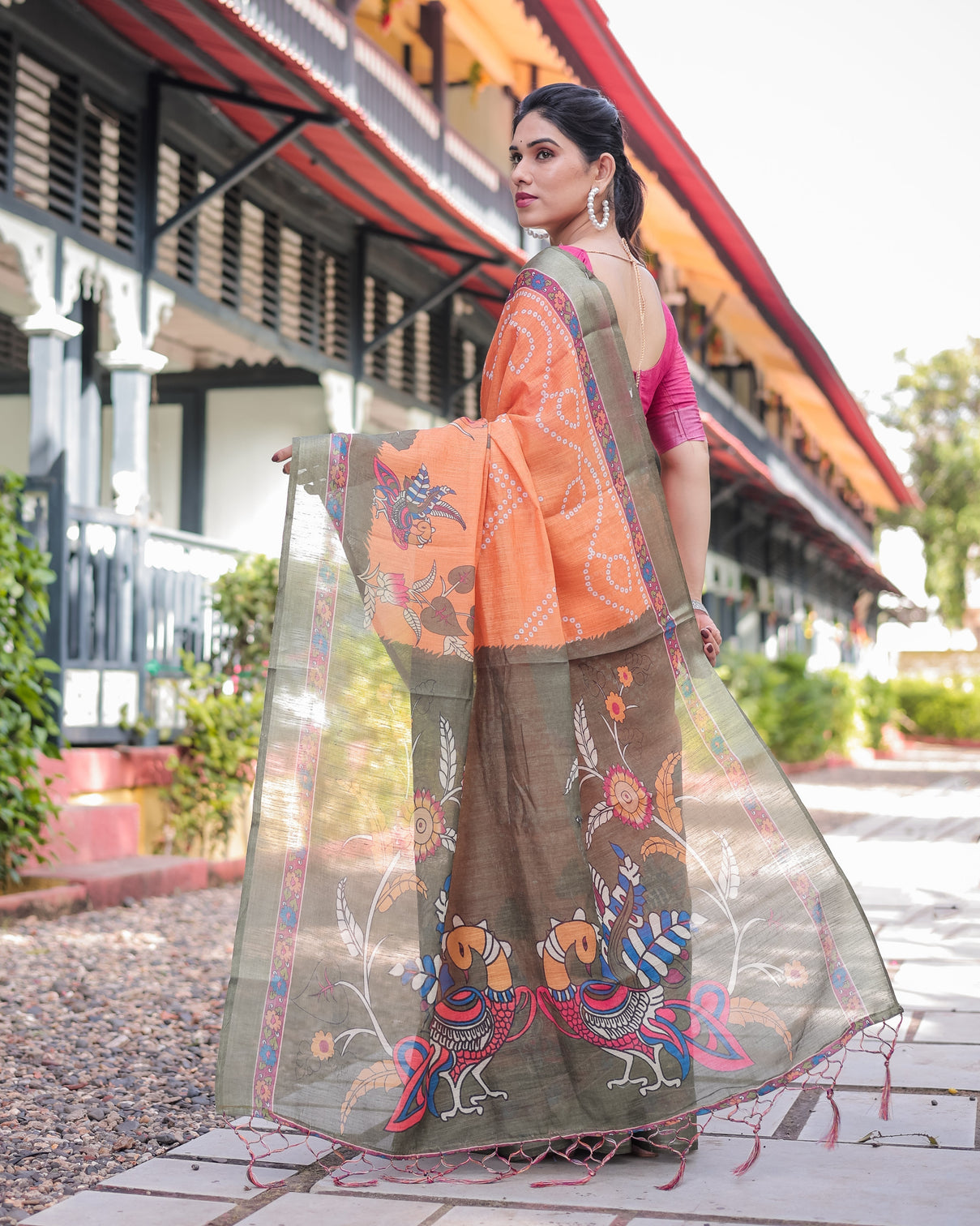Orange and olive green kalamkari design pure cotton linen saree with blouse and tassels