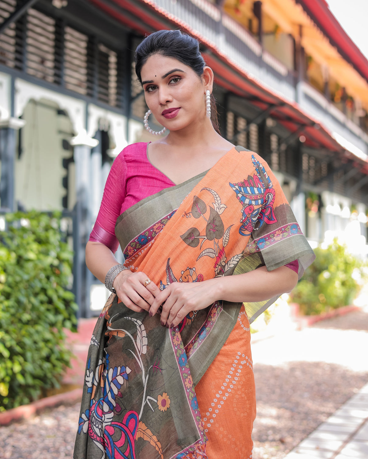 Orange and olive green kalamkari design pure cotton linen saree with blouse and tassels