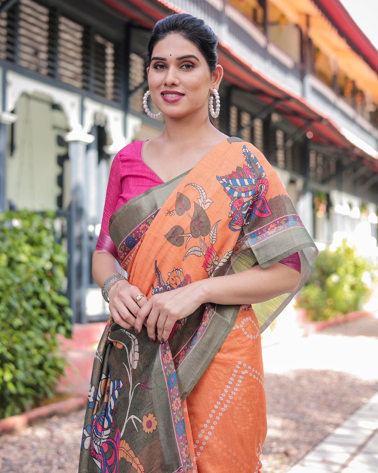 Orange and olive green kalamkari design pure cotton linen saree with blouse and tassels