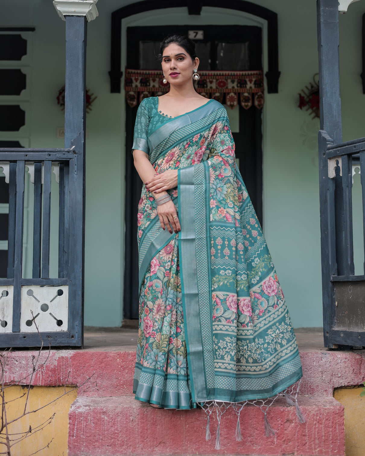 Teal green floral printed pure cotton linen saree with blouse and tassels on edges mameraa