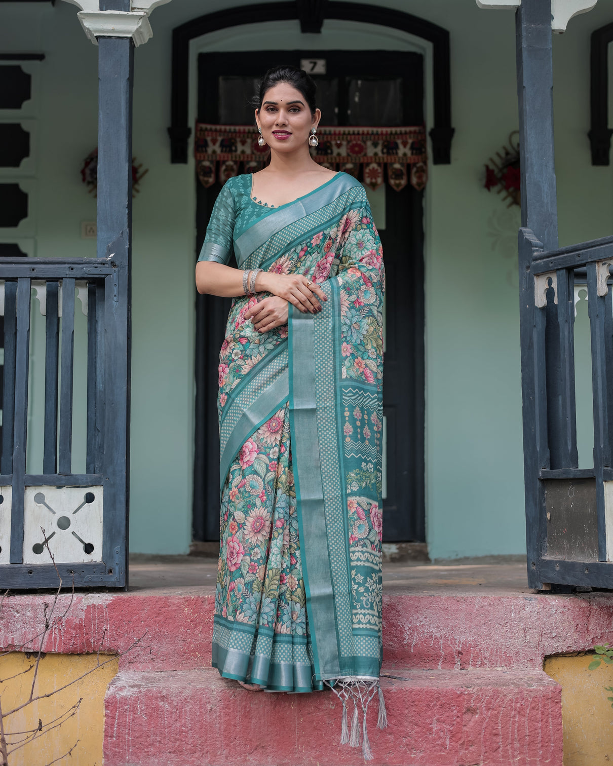 Teal green floral printed pure cotton linen saree with blouse and tassels on edges