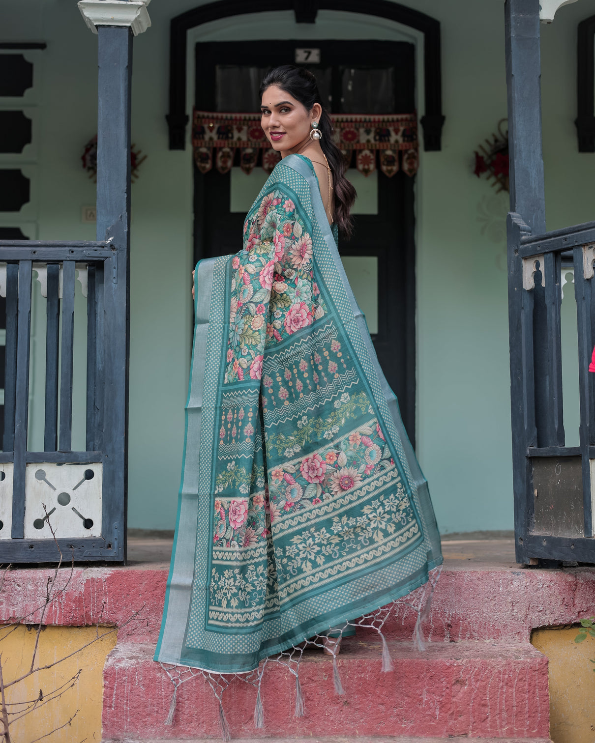 Teal green floral printed pure cotton linen saree with blouse and tassels on edges
