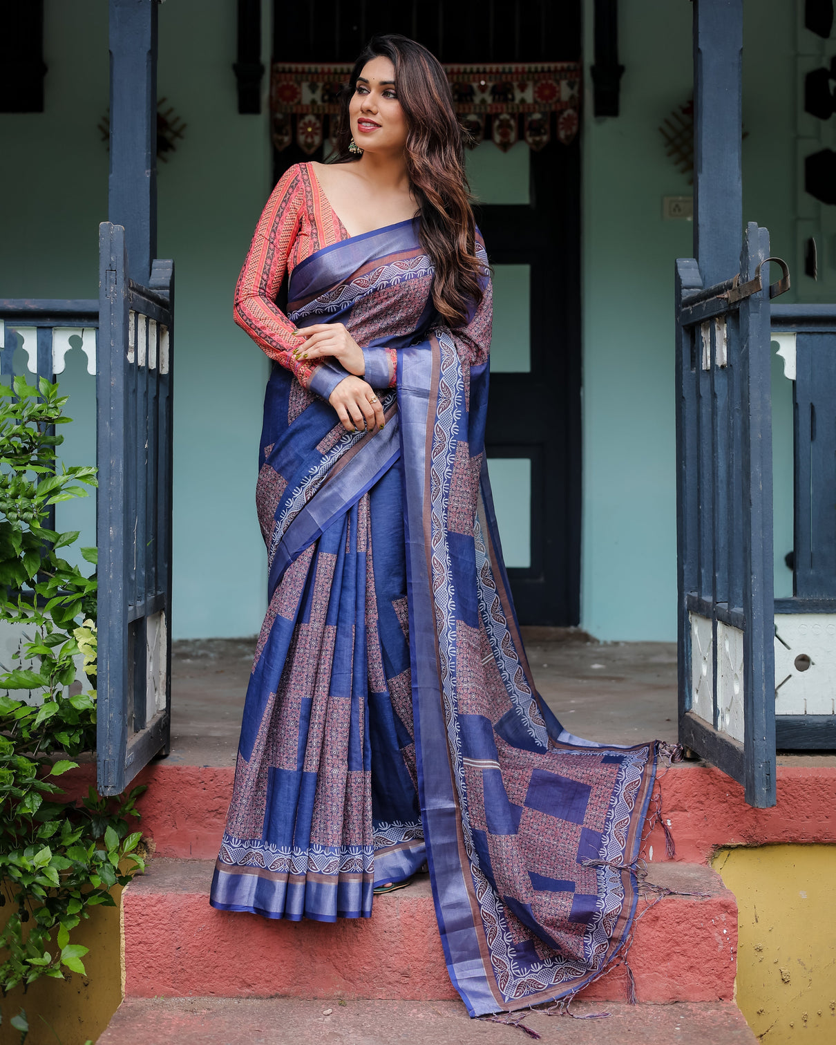 Navy blue red pure cotton linen saree with blouse and tassels on edges mameraa