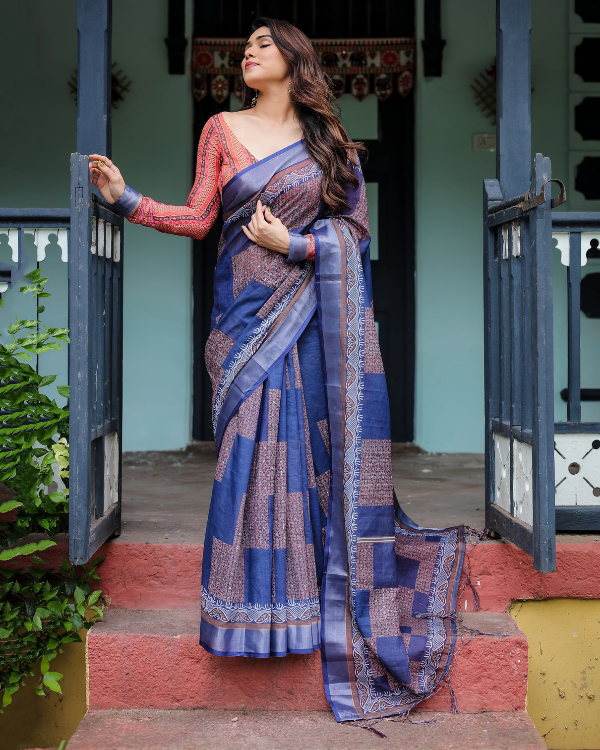 Navy blue red pure cotton linen saree with blouse and tassels on edges