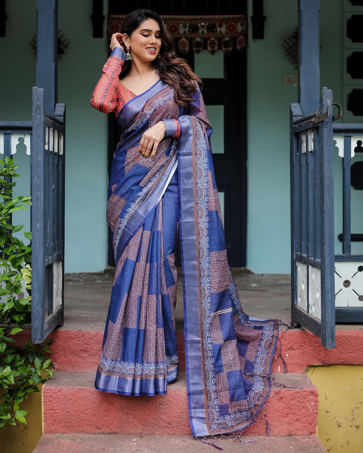 Navy blue red pure cotton linen saree with blouse and tassels on edges