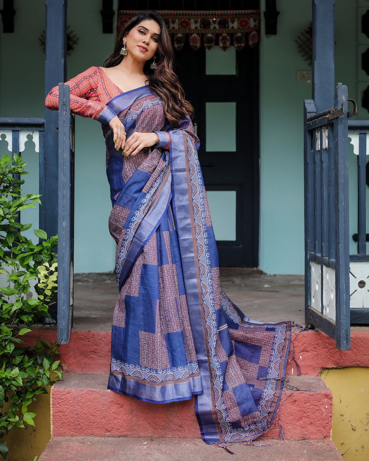 Navy blue red pure cotton linen saree with blouse and tassels on edges