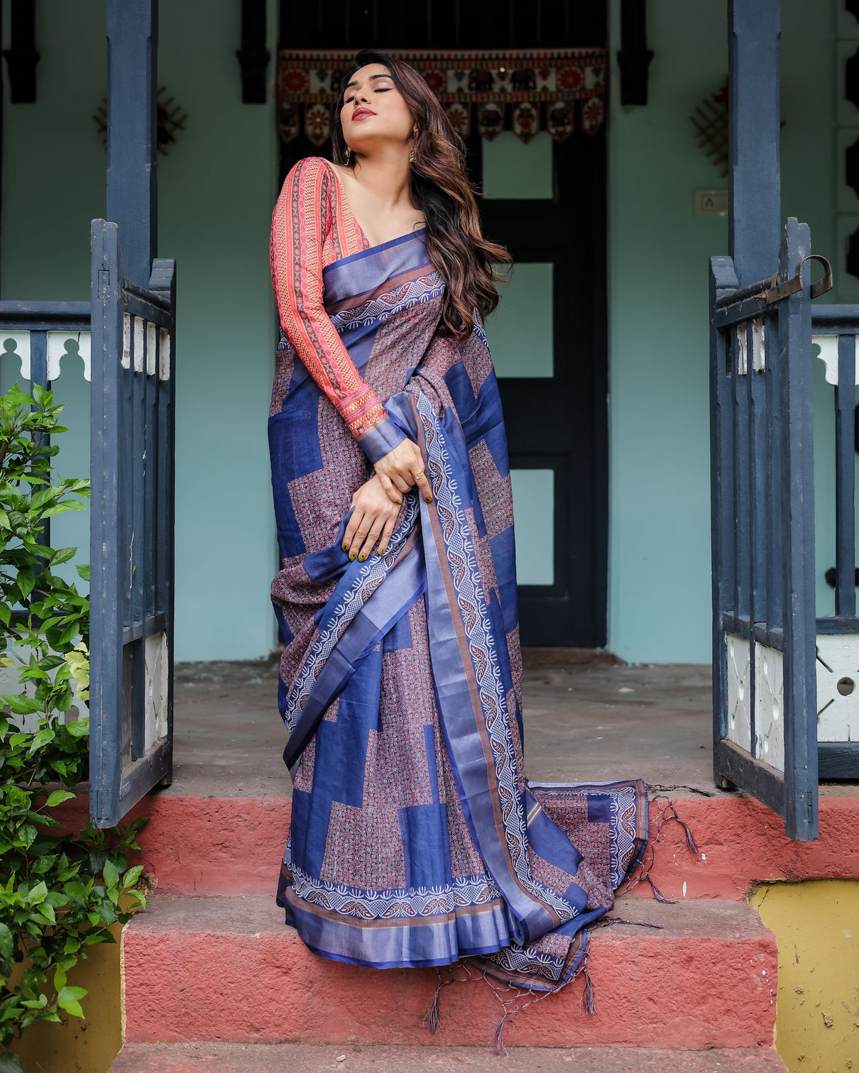 Navy blue red pure cotton linen saree with blouse and tassels on edges