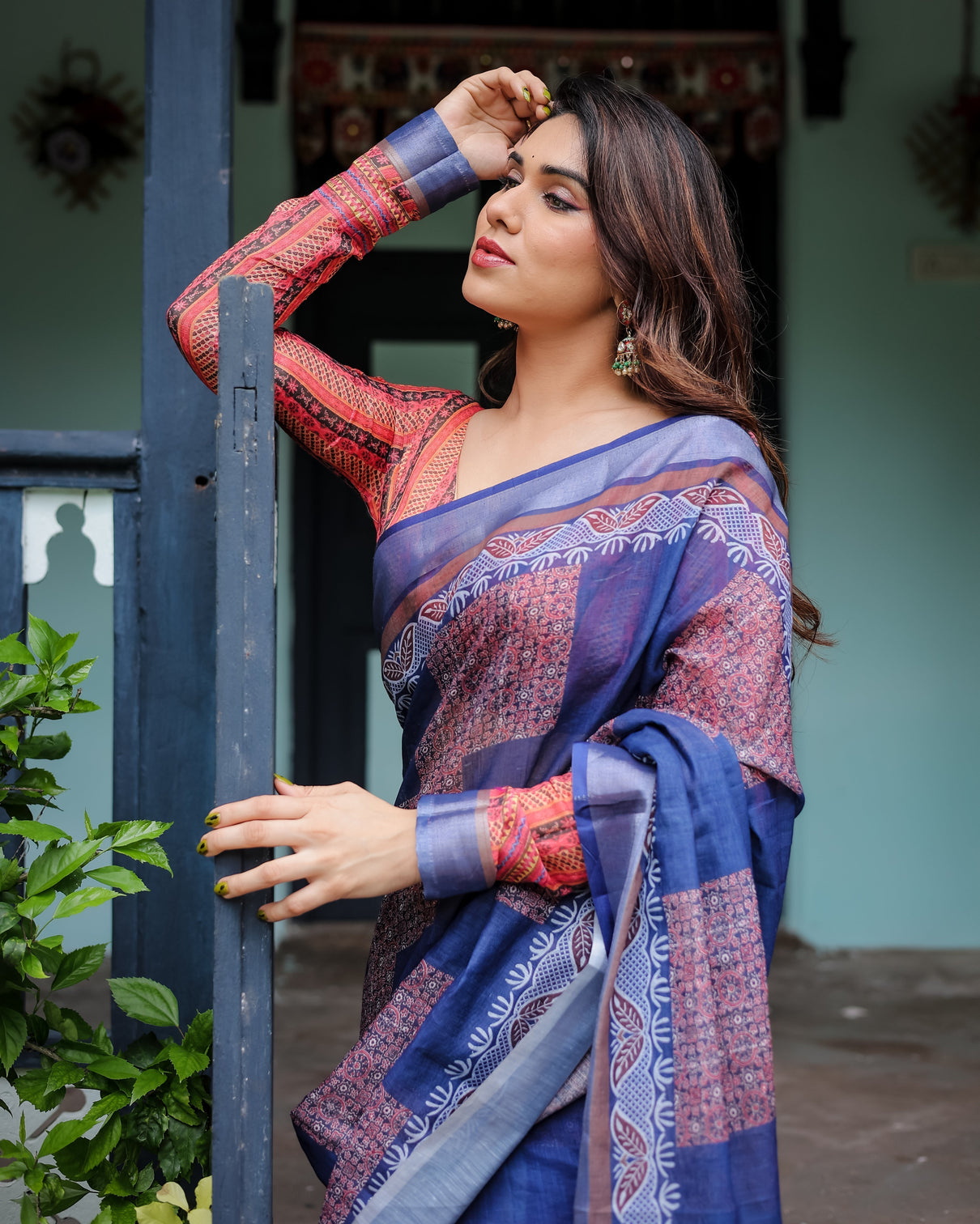 Navy blue red pure cotton linen saree with blouse and tassels on edges