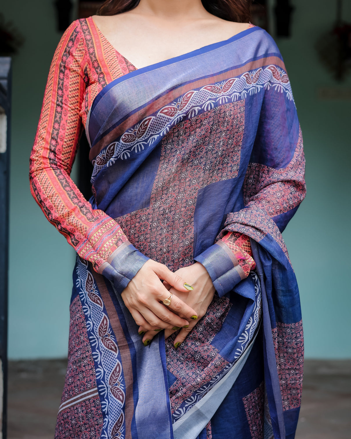 Navy blue red pure cotton linen saree with blouse and tassels on edges