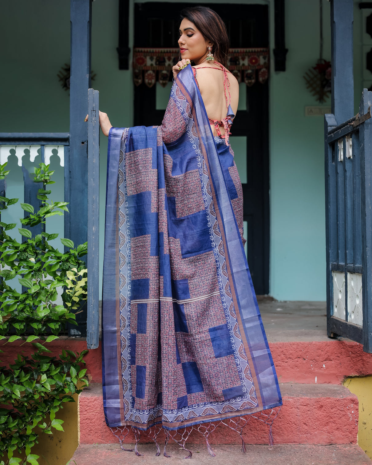 Navy blue red pure cotton linen saree with blouse and tassels on edges