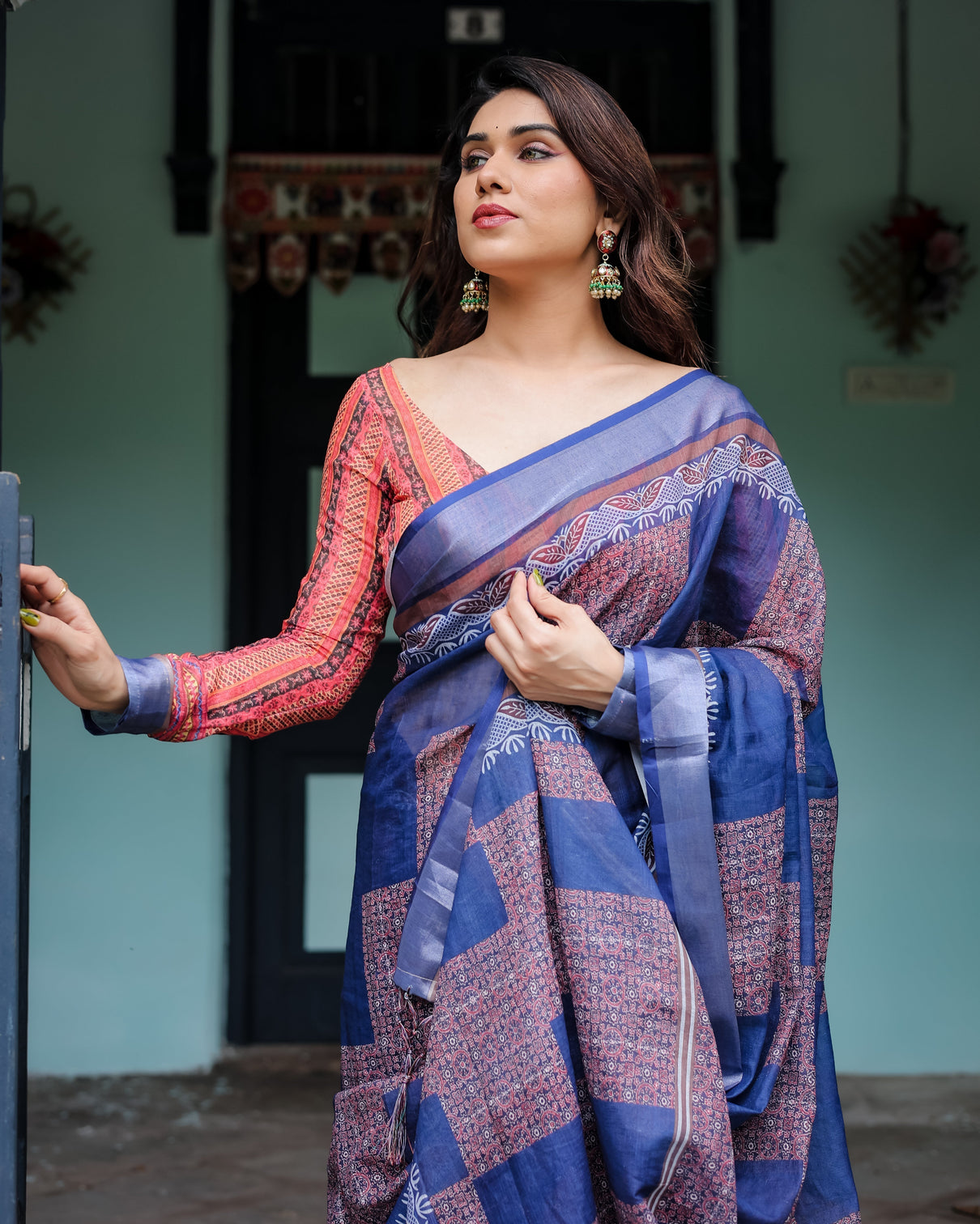 Navy blue red pure cotton linen saree with blouse and tassels on edges