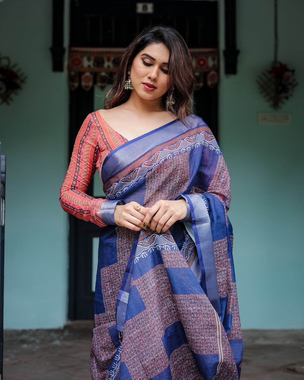 Navy blue red pure cotton linen saree with blouse and tassels on edges