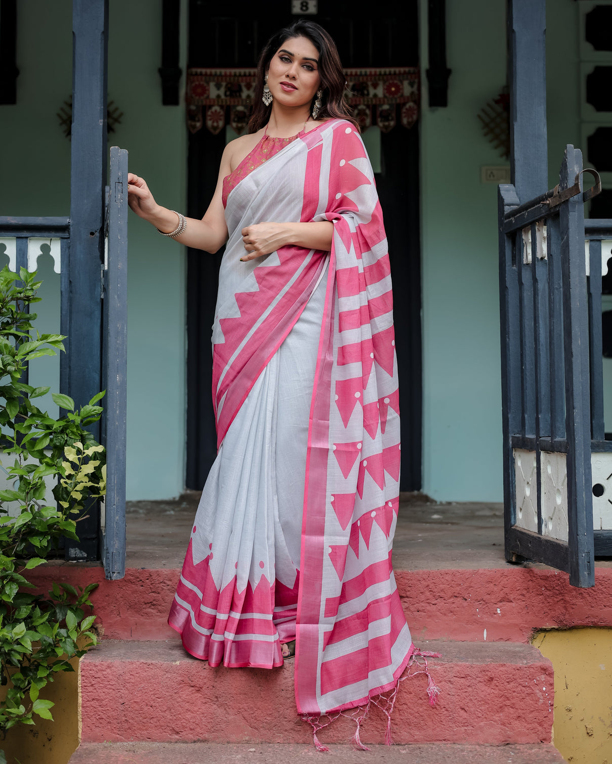White and pink pure cotton linen saree with geometric stripes blouse and tassel detailing mameraa
