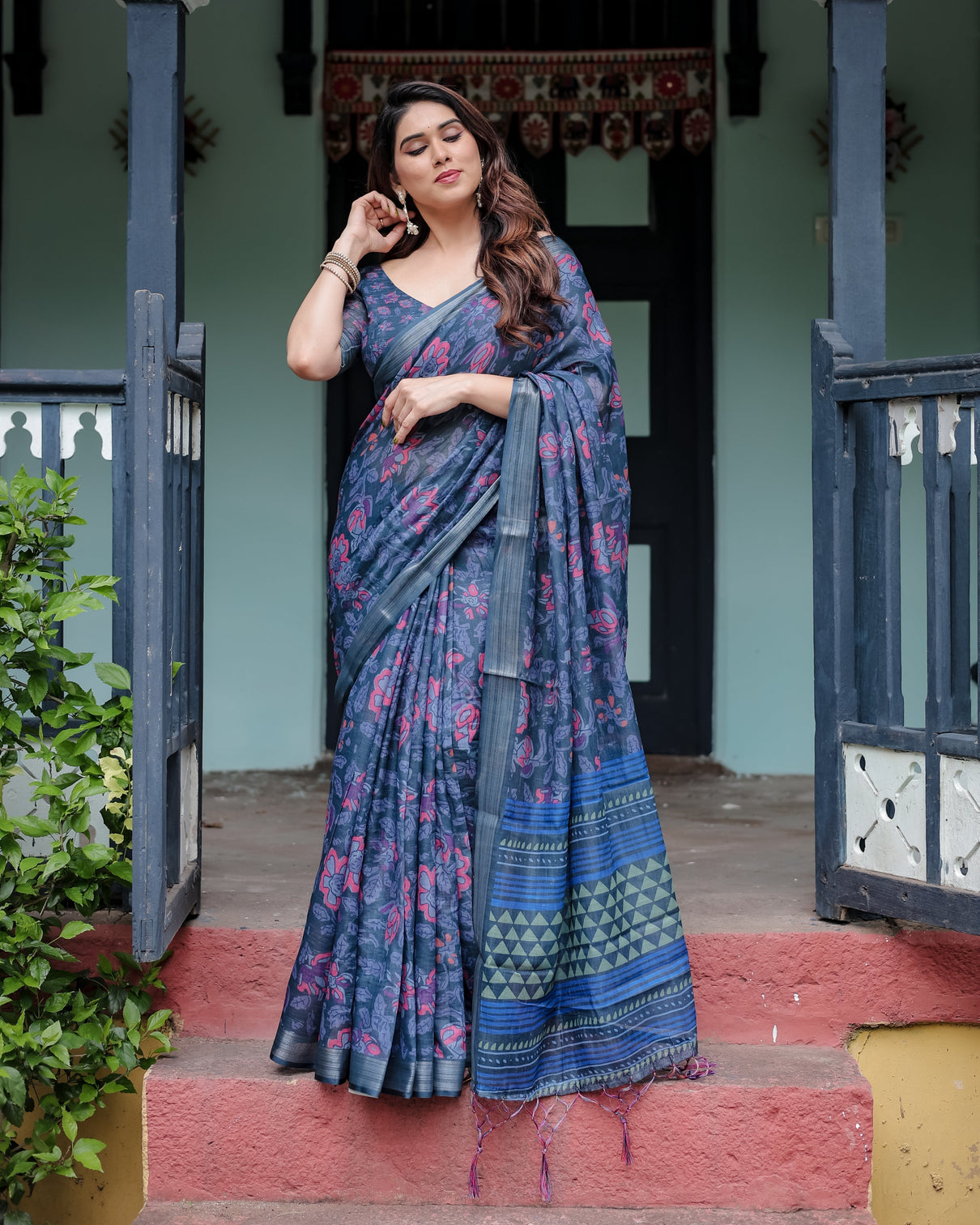 Navy blue pure cotton linen saree with floral print blouse and tassel detailing mameraa