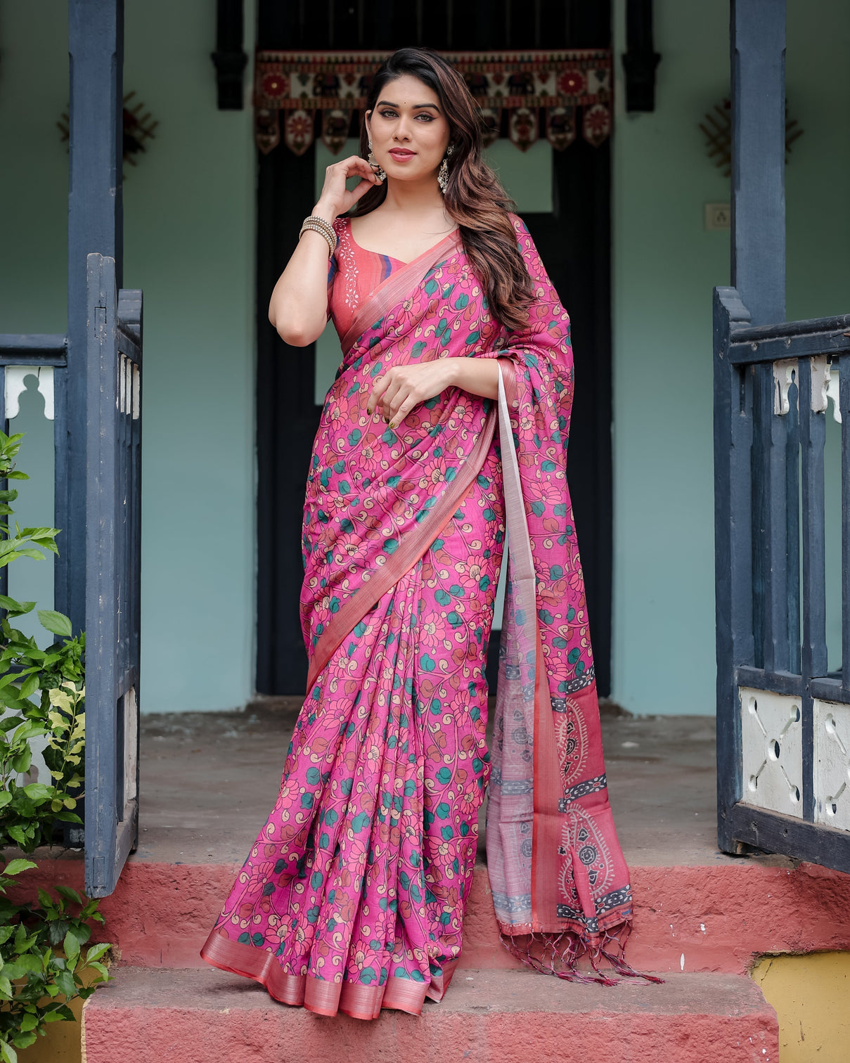 Magenta and pink pure cotton linen saree with floral and paisley block print blouse and tassel detailing mameraa