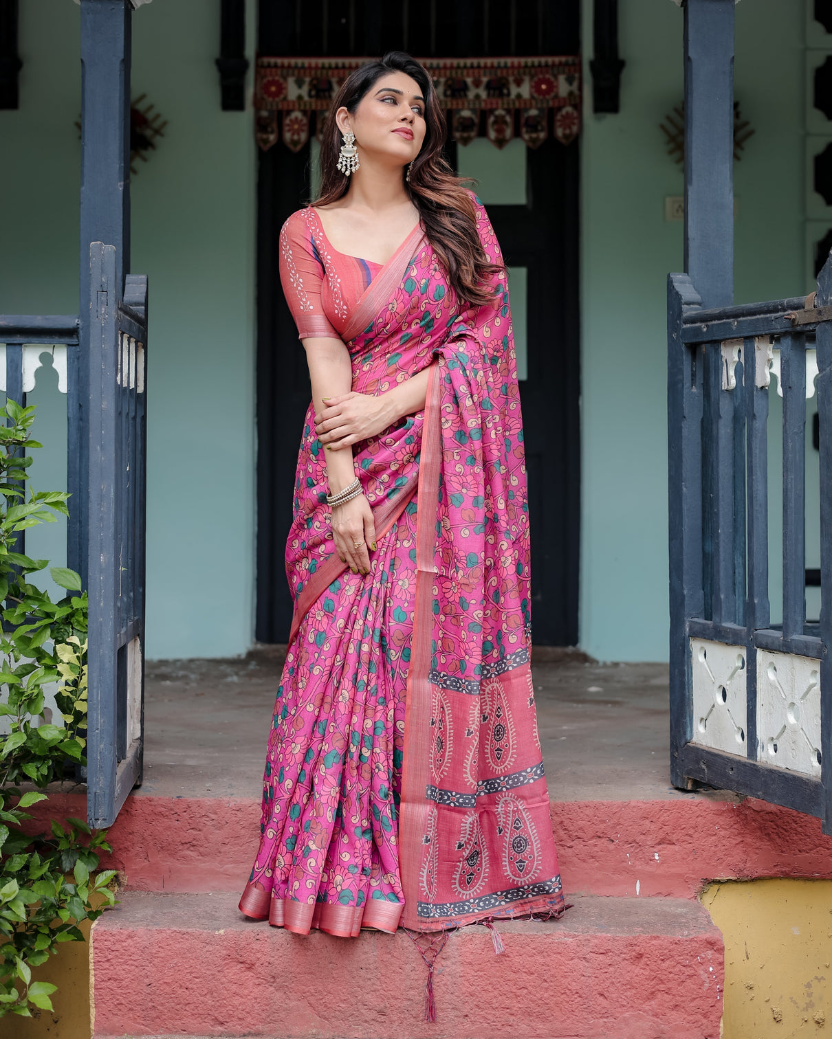 Magenta and pink pure cotton linen saree with floral and paisley block print blouse and tassel detailing