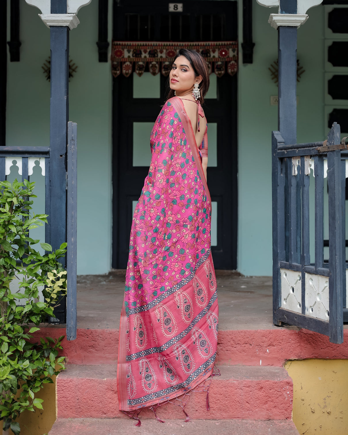 Magenta and pink pure cotton linen saree with floral and paisley block print blouse and tassel detailing