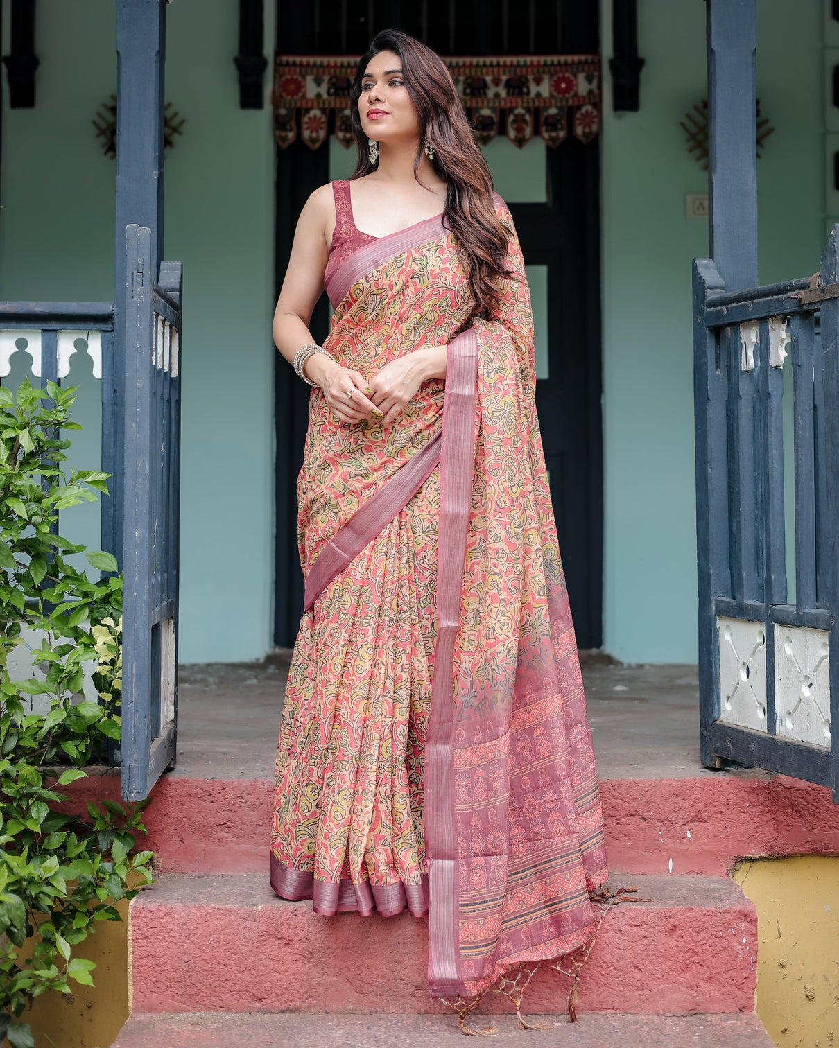 Beige and rust pure cotton linen saree with tribal block print blouse and tassel detailing mameraa