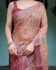 Beige and rust pure cotton linen saree with tribal block print blouse and tassel detailing