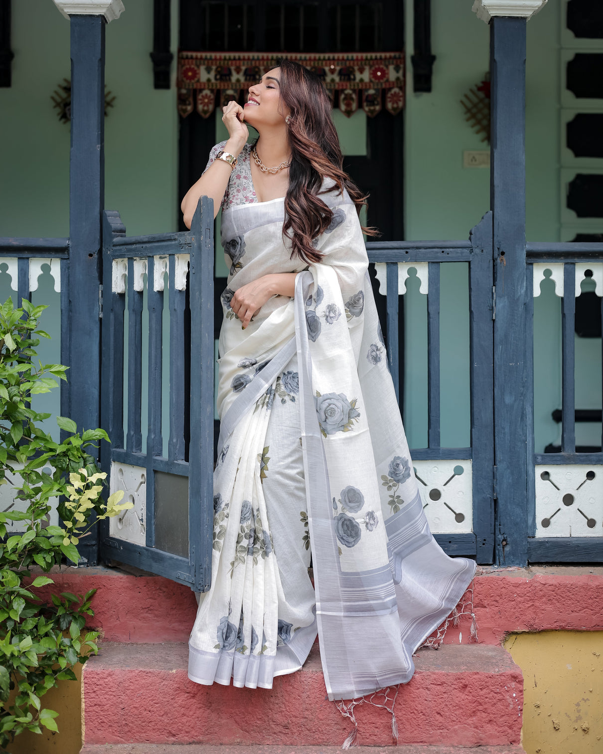 White and grey pure cotton linen saree with floral print blouse and tassel detailing